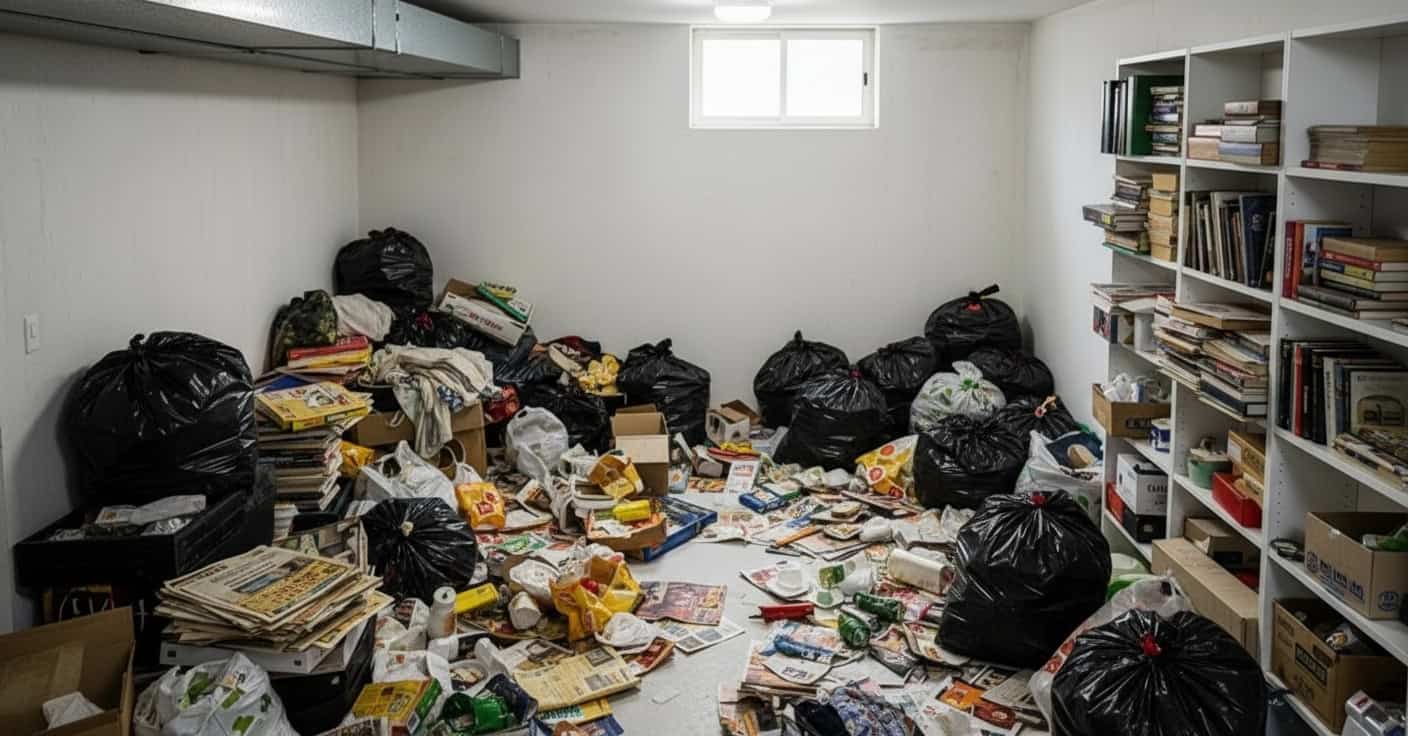 Unaufgeräumter Kellerraum voller Müllsäcke, Kartons, Papierstapel und Unrat, Regale mit Büchern an der Wand.