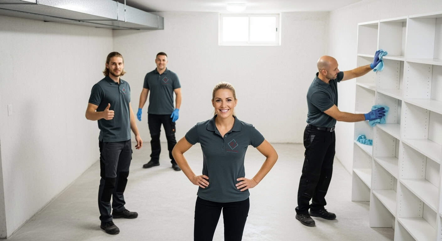 Vier Personen in grauen Poloshirts stehen in leerem Kellerraum, eine wischt Regale, andere lächeln zufrieden.