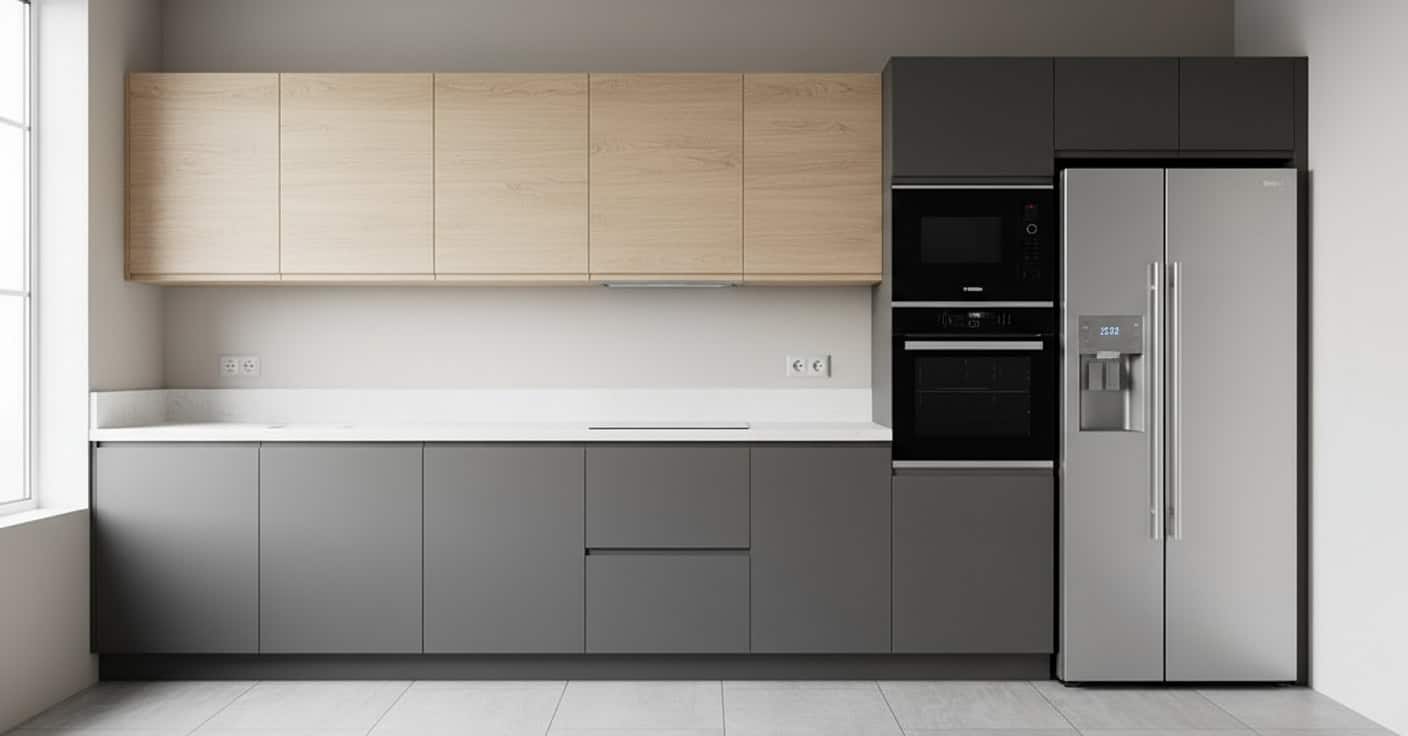 Moderne Einbauküche mit grauen Unterschränken, Holzoberschränken, Backofen, Mikrowelle und großem Kühlschrank