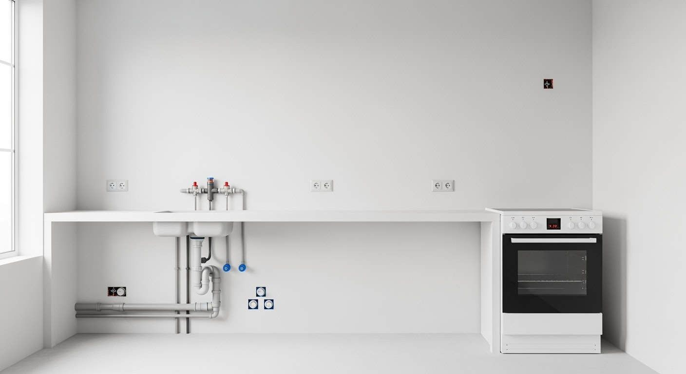 Unfertige Küche mit Spüle, sichtbaren Wasserrohren und weißem Herd, vorbereitet für Montage.